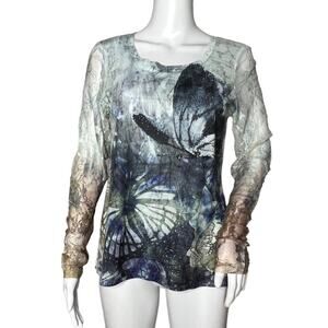 Chicos Shirt Womens Small Sheer Lace Sleeve Butterfly Casual Nature Art to‎ Wear